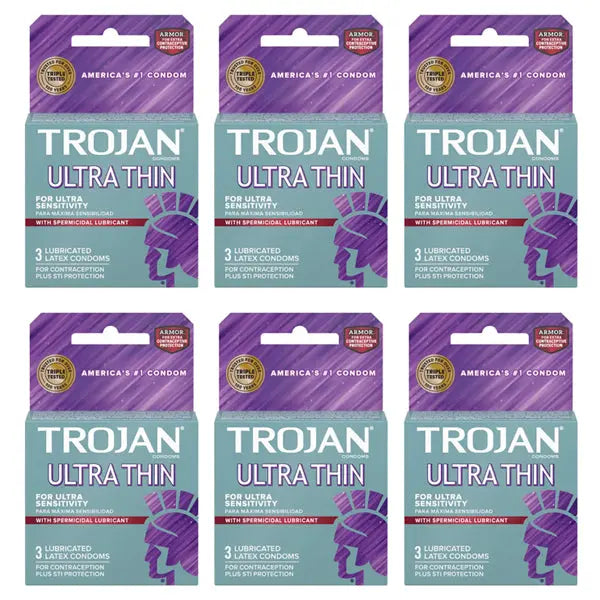 Six packs of Trojan Condom Sensitivity Ultra Thin Spermicidal (3-count each) by Trojan are arranged in two rows of three against a white background.